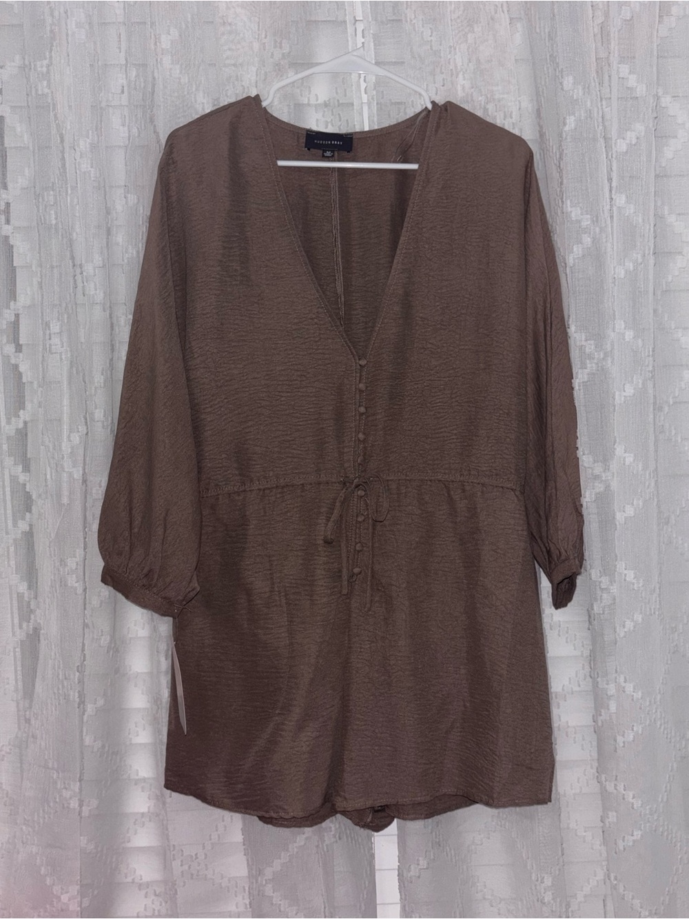 NWT Dress Up Hudson Grey Brown V-Neck Romper with Buttons & Bow Waist